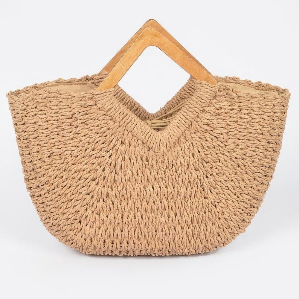 Faux Straw Wood Handle Tote Bag
